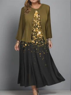 Women's Plus Size Two Piece Dress Set Casual Dress Swing Dress Outdoor Office Fashion Streetwear Print Midi Dress Crew Neck Long Sleeve Ombre Regular Fit Wine Navy Blue Blue Fall Winter L XL XXL 3XL -Party Prom Dresses Sales Store aamwmn1697681151580