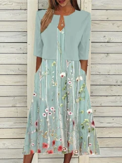 Women's Two Piece Dress Set Casual Dress Tank Dress Outdoor Daily Fashion Streetwear Pocket Print Maxi Dress V Neck Sleeveless Floral Regular Fit Green Summer Spring S M L XL XXL