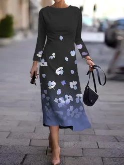 Women's Work Dress Casual Dress Semi Formal Dress Fashion Winter Dress Daily Midi Dress Print Crew Neck Long Sleeve Floral Slim Dark Brown Black White Fall Winter S M L XL XXL -Party Prom Dresses Sales Store abibnu1694573987053