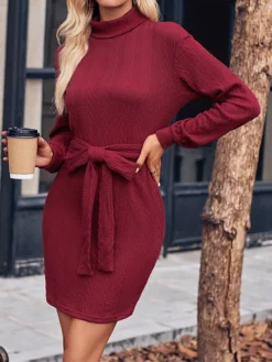 Women‘s Christmas Sweater Dress Jumper Dress Winter Dress Fashion Outdoor Christmas Street Daily Turtleneck Long Sleeve Lace Up 2023 Regular Fit Black Wine Brown S M L XL