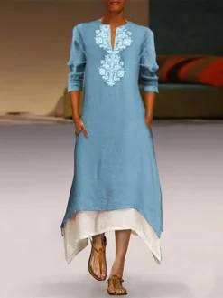 Women's Casual Dress Cotton Linen Dress A Line Dress Maxi Long Dress Cotton Blend Fashion Casual Outdoor Daily Split Neck Patchwork Pocket 3/4 Length Sleeve Summer Spring Fall 2023 Regular Fit Yellow -Party Prom Dresses Sales Store abzzbw1687679843346