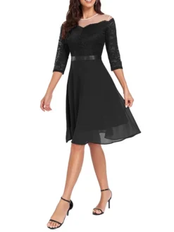 Women's Party Dress Lace Dress Cocktail Dress Midi Dress Black Wine Navy Blue 3/4 Length Sleeve Pure Color Lace Spring Fall Winter Crew Neck Fashion Winter Dress Wedding Guest Vacation 2023 S M L XL -Party Prom Dresses Sales Store acwzfh1692179555506