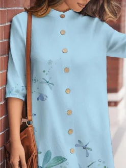 Women's Shirt Dress Casual Dress Cotton Linen Dress Midi Dress Polyester Fashion Casual Daily Outdoor Daily Vacation Shirt Collar Button Print Long Sleeve Spring Fall Winter 2023 Loose Fit White -Party Prom Dresses Sales Store acygun1697189426662