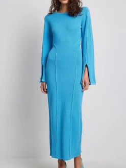 Women's Sweater Dress Winter Dress Jumper Dress Long Dress Maxi Dress Split Street Daily Holiday Fashion Streetwear Crew Neck Long Sleeve 2023 Regular Fit Sky Blue Color S M L Size