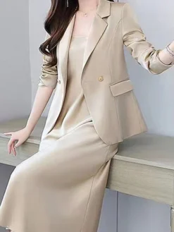 Women's Two Piece Dress Set Work Dress Skirt Set Formal Office Streetwear Elegant Button Pocket Midi Dress Shirt Collar Long Sleeve Plain Regular Fit Black Purple Beige Fall Winter M L XL XXL 3XL -Party Prom Dresses Sales Store adczow1694498845001