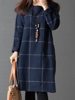 Women's Casual Dress Cotton Linen Dress Plaid Dress Midi Dress Polyester Basic Classic Outdoor Daily Vacation Crew Neck Pocket Print Long Sleeve Fall Winter Autumn 2023 Loose Fit Navy Blue Plaid L XL -Party Prom Dresses Sales Store adqdcu1693475208745