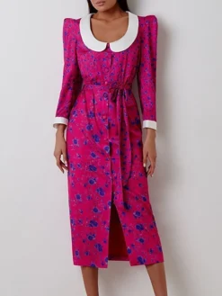 Women's Work Dress Casual Dress Shift Dress Fashion Winter Dress Daily Midi Dress Lace Up Patchwork Shirt Collar Long Sleeve Floral Color Block Regular Fit Pink Red Fall Winter S M L -Party Prom Dresses Sales Store adtybx1695645257183