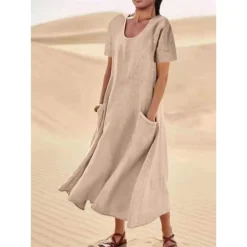 Women's Casual Dress Cotton Linen Dress Swing Dress Maxi Long Dress Linen Cotton Blend Fashion Classic Outdoor Daily Vacation Crew Neck Pocket Short Sleeve Summer Spring 2023 Loose Fit Black Pink Sky