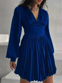 Women's Party Dress Satin Dress Swing Dress Mini Dress Claret Black Blue Long Sleeve Pure Color Pleated Fall Winter Autumn V Neck Stylish Party Winter Dress Birthday 2023 S M L XL 2XL -Party Prom Dresses Sales Store adxgcn1666175472895
