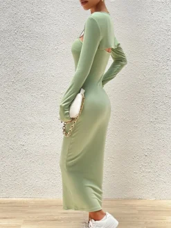 Women's Two Piece Dress Set Casual Dress Sheath Dress Outdoor Daily Fashion Streetwear Ribbed Midi Dress Square Neck Long Sleeve Plain Slim Black Blue Brown Fall Winter S M L XL -Party Prom Dresses Sales Store aerbnz1695268285895