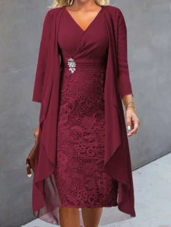 Women's Two Piece Dress Set Casual Dress Lace Dress Outdoor Daily Fashion Elegant Lace Patchwork Midi Dress V Neck Long Sleeve Plain Regular Fit Wine Blue Sky Blue Fall Winter S M L XL XXL -Party Prom Dresses Sales Store aewzjc1694587092277