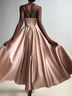 Women's Party Dress Satin Dress Swing Dress Midi Dress Black Champagne Red Sleeveless Pure Color Backless Summer Spring Deep V Fashion Party Summer Dress Spring Dress 2023 S M L XL -Party Prom Dresses Sales Store aezfla1656913850036