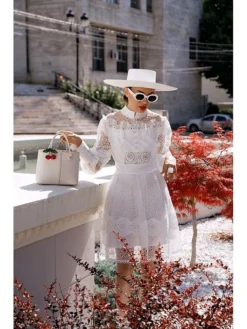 Women's Party Dress Lace Dress Homecoming Dress Mini Dress Black White Long Sleeve Pure Color Lace Summer Spring Fall Stand Collar Fashion Wedding Guest Birthday Vacation Slim 2023 S M L XL -Party Prom Dresses Sales Store afjftd1689148835328