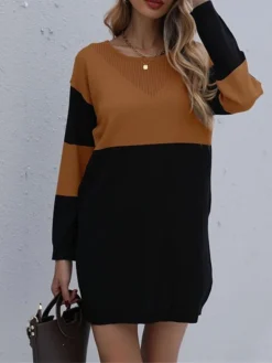 Women's Sweater Dress Jumper Dress Casual Dress Mini Dress Warm Color Block Outdoor Casual Daily Going Out Crew Neck Long Sleeve Patchwork 2023 Loose Fit Brown Khaki S M L -Party Prom Dresses Sales Store afpfaa1695106686332