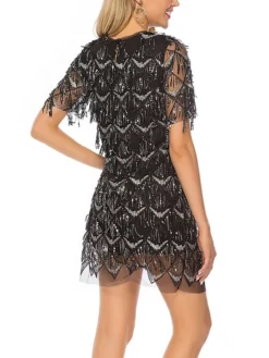 Women‘s Party Dress Fringe Dress Sequin Dress Homecoming Dress Mini Dress Black Champagne Short Sleeve Pure Color Sparkly Glitter Sequins Spring Fall Winter Crew Neck Fashion Winter Dress -Party Prom Dresses Sales Store afqpft1692690729888