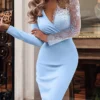Women's Lace Dress Work Dress Bodycon Mini Dress Light Blue Long Sleeve Polka Dot Lace Summer Spring Deep V Fashion Office 2023 S M L XL