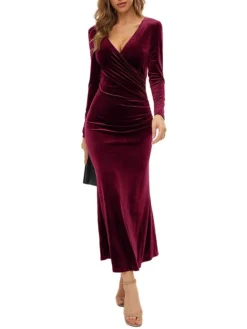 Women‘s Christmas Prom Dress Party Dress Velvet Dress Long Dress Maxi Dress Black Wine Dark Green Long Sleeve Pure Color Ruched Spring Fall Winter V Neck Fashion Winter Dress Birthday Evening Party