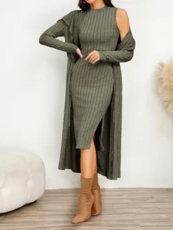 Women's Two Piece Dress Set Casual Dress Sheath Dress Home Daily Fashion Streetwear Split Midi Dress Stand Collar Long Sleeve Plain Slim Black Army Green Gray Fall Winter S M L XL XXL -Party Prom Dresses Sales Store ahkwru1695813703762