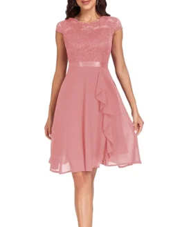 Women's Party Dress Lace Dress Cocktail Dress Midi Dress Black Pink Wine Short Sleeve Pure Color Lace Spring Fall Winter Crew Neck Fashion Winter Dress Wedding Guest Vacation 2023 S M L XL XXL -Party Prom Dresses Sales Store aibdtz1692179771929