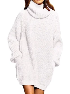 Women‘s Sweater Dress Winter Dress Burnt Orange Dress Wine Red Green Black Blue Khaki Orange Brown Gray White Long Sleeve Pure Color Winter Fall Turtleneck Casual Fit S M L XL -Party Prom Dresses Sales Store ailaxz1628561148547