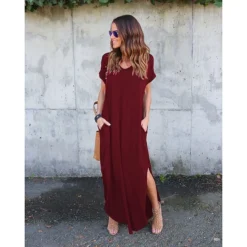 Women's T Shirt Dress Tee Dress Long Dress Maxi Dress Wine Red Green Black Short Sleeve Pure Color Pocket Spring Summer V Neck S M L XL 2XL 3XL 4XL 5XL -Party Prom Dresses Sales Store aipdgg1603968414366