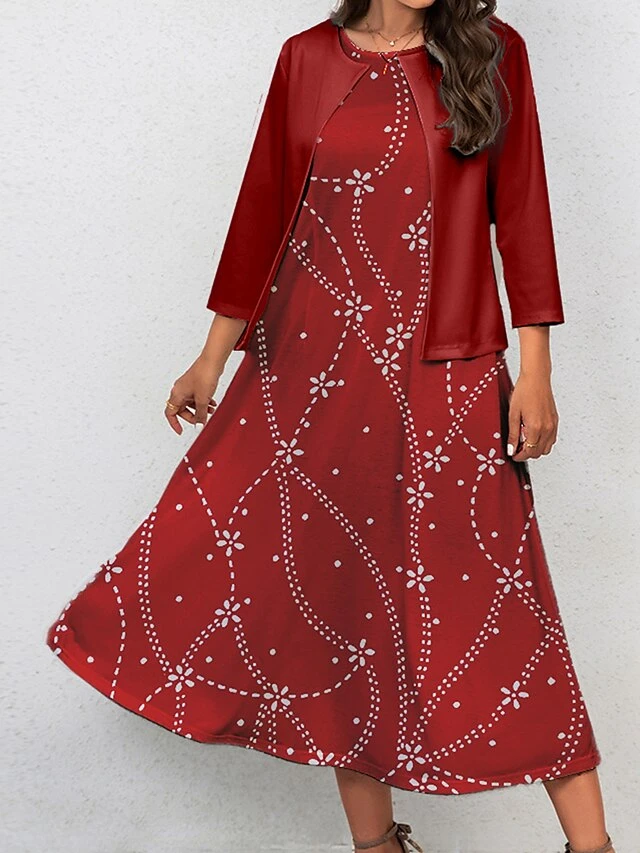 Women's Two Piece Dress Set Casual Dress Swing Dress Outdoor Office Fashion Streetwear Print Midi Dress Crew Neck 3/4 Length Sleeve Floral Regular Fit Wine Blue Fall Winter S M L XL XXL 1 Women's Two Piece Dress Set Casual Dress Swing Dress Outdoor Office Fashion Streetwear Print Midi Dress Crew Neck 3/4 Length Sleeve Floral Regular Fit Wine Blue Fall Winter S M L XL XXL