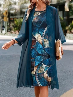 Women's Two Piece Dress Set Casual Dress Print Dress Outdoor Daily Fashion Streetwear Print Midi Dress Crew Neck Long Sleeve Floral Regular Fit Blue Summer Spring S M L XL XXL