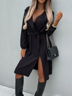 Women's Work Dress Sheath Dress Semi Formal Dress Fashion Midi Dress Lace Up Split V Neck Long Sleeve Polka Dot Loose Fit Black White Red Fall Winter S M L XL XXL -Party Prom Dresses Sales Store ajgazz1692080006731