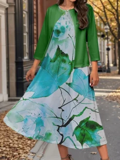 Women's Two Piece Dress Set Casual Dress Swing Dress Outdoor Office Fashion Streetwear Print Midi Dress Crew Neck 3/4 Length Sleeve Leaf Regular Fit Yellow Green Gray Fall Winter S M L XL XXL -Party Prom Dresses Sales Store ajiloy1697783000822
