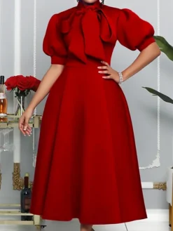 Women‘s Prom Cocktail Party Dress Wedding Guest Dress Swing Dress Long Dress Maxi Dress Purple Yellow Red Half Sleeve Pure Color Bow Spring Summer Stand Collar 2023 S M L XL XXL 3XL -Party Prom Dresses Sales Store ajulwr1651742090565