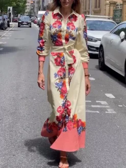 Women's Shirt Dress Casual Dress Cotton Linen Dress Maxi Long Dress Polyester Fashion Modern Outdoor Daily Vacation Shirt Collar Lace Up Button Long Sleeve Summer Spring Fall 2023 Loose Fit Red Floral -Party Prom Dresses Sales Store akkivh1690515221071