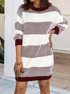 Women's Sweater Dress Winter Dress Jumper Dress Mini Dress Patchwork Outdoor Street Daily Fashion Streetwear Crew Neck Long Sleeve 2023 Loose Fit Wine Khaki Dark Blue Color S M L Size -Party Prom Dresses Sales Store akmvlb1692095288249