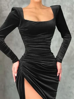 Women's Party Dress Wedding Wine Red Velvet Dress Midi Dress Blue Dark Green Dark Gray Black Long Sleeve Pure Color Ruched Split -Party Prom Dresses Sales Store akpedx1659610659612