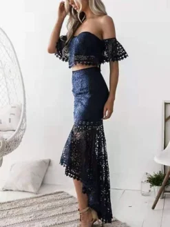 Women's Lace Dress Dress Set Two Piece Dress Long Dress Maxi Dress White Wine Dark Blue Short Sleeve Pure Color Lace Summer Spring Strapless Stylish Slim 2023 S M L XL -Party Prom Dresses Sales Store akqbvt1639730446744