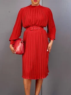 Women's Work Dress Casual Dress Black Dress Fashion Office Daily Workfashion Midi Dress Lace Up Pleated Crew Neck Long Sleeve Plain Regular Fit Black White Red Fall Winter S M L XL XXL -Party Prom Dresses Sales Store akrqkj1695645189887