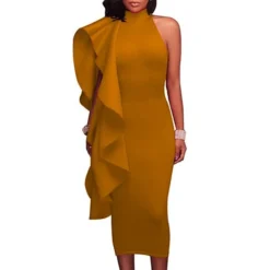 Women‘s Cocktail Party Dress Wedding Guest Dress Sheath Dress Midi Dress Green Black Blue Sleeveless Pure Color Ruffle Fall Spring Autumn Turtleneck S M L XL XXL -Party Prom Dresses Sales Store alishz1635431727641