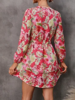 Women's Work Dress Semi Formal Dress Wrap Dress Fashion Mini Dress Ruffle Layered V Neck Long Sleeve Floral Regular Fit Red Purple Orange Fall S M L XL XXL -Party Prom Dresses Sales Store aljqgd1693300623567