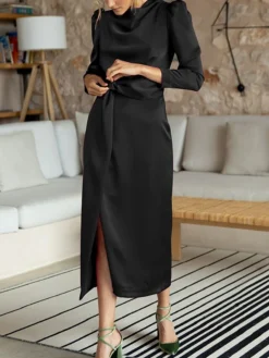 Women's Work Dress Satin Dress Semi Formal Dress Fashion Long Dress Maxi Dress Split Stand Collar Long Sleeve Plain Regular Fit Black Blue Sky Blue Fall Winter S M L XL -Party Prom Dresses Sales Store alsest1692761654181
