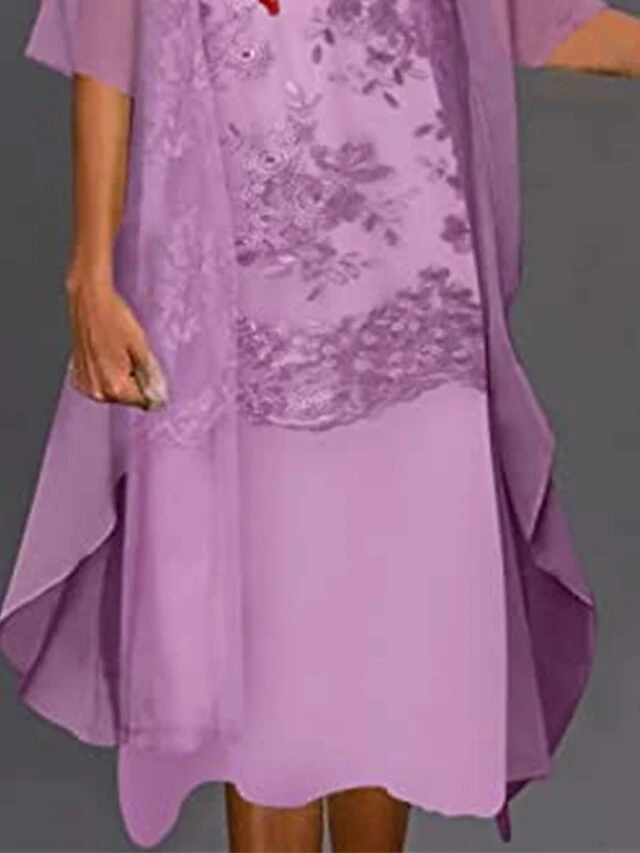 Women's Two Piece Dress Set Casual Dress Print Dress Outdoor Daily Casual Mature Mesh Print Midi Dress Crew Neck Half Sleeve Floral Regular Fit Purple Summer Spring S M L XL XXL 3 Women's Two Piece Dress Set Casual Dress Print Dress Outdoor Daily Casual Mature Mesh Print Midi Dress Crew Neck Half Sleeve Floral Regular Fit Purple Summer Spring S M L XL XXL - Image 3