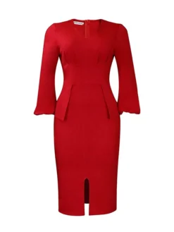 Women's Work Dress Sheath Dress Black Dress Fashion Puff Sleeve Midi Dress Ruched Split V Neck Long Sleeve Plain Regular Fit Black White Red Fall Winter S M L XL XXL -Party Prom Dresses Sales Store amhftf1693206401860