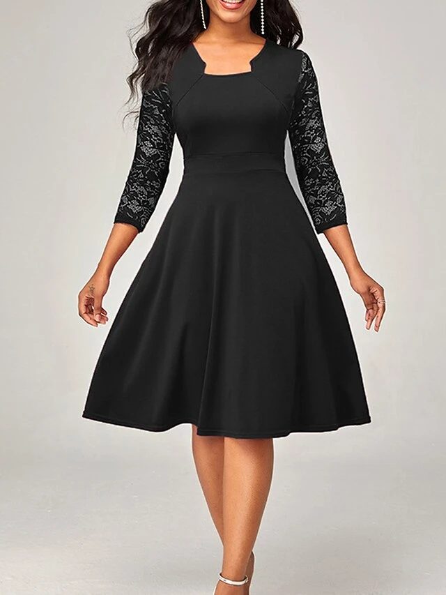 Women's Work Dress Party Dress Swing Dress Fashion Lace Sleeve Midi Dress Lace Square Neck 3/4 Length Sleeve Plain Slim Black Wine Red Summer Spring S M L XL XXL 4 Women's Work Dress Party Dress Swing Dress Fashion Lace Sleeve Midi Dress Lace Square Neck 3/4 Length Sleeve Plain Slim Black Wine Red Summer Spring S M L XL XXL - Image 4