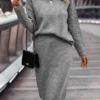Women's Two Piece Dress Set Casual Dress Skirt Set Outdoor Daily Fashion Streetwear Ribbed Midi Dress Stand Collar Long Sleeve Plain Loose Fit Khaki Gray Fall Winter S M L XL XXL