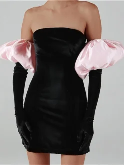 Women's Party Dress Velvet Dress Homecoming Dress Mini Dress Black White Pink Long Sleeve Color Block Backless Spring Fall Winter Strapless Fashion Winter Dress Wedding Guest Birthday Loose Fit 2023