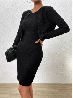 Women's Two Piece Dress Set Casual Dress Sheath Dress Daily Going Out Fashion Streetwear Button Midi Dress Crew Neck Long Sleeve Plain Regular Fit Black Purple Green Fall Winter S M L XL -Party Prom Dresses Sales Store ampimk1693805485003