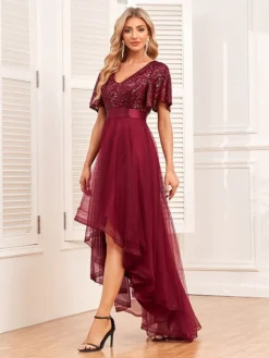 Women‘s Christmas Party Dress Sequin Dress Red Dress Long Dress Maxi Dress Wine Short Sleeve Pure Color Mesh Sparkly Glitter Summer Spring Fall V Neck Fashion Wedding Guest Summer Dress Loose -Party Prom Dresses Sales Store amrcrx1693983263408