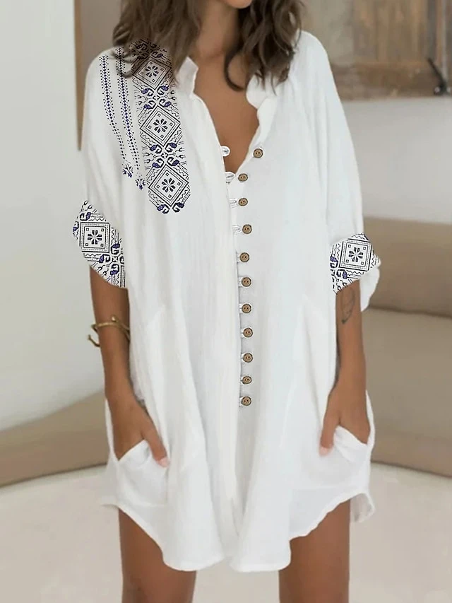 Women's Shirt Dress Casual Dress Cotton Dress Mini Dress Cotton Blend Ethnic Style Modern Outdoor Daily Shirt Collar Button Pocket Short Sleeve Summer Spring 2023 Loose Fit White Geometric Tribal S M 1 Women's Shirt Dress Casual Dress Cotton Dress Mini Dress Cotton Blend Ethnic Style Modern Outdoor Daily Shirt Collar Button Pocket Short Sleeve Summer Spring 2023 Loose Fit White Geometric Tribal S M
