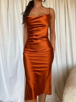 Women's Party Dress Cocktail Dress Wedding Guest Dress Midi Dress Brown Green Light Blue Sleeveless Pure Color Ruched Summer Spring Spaghetti Strap Fashion Wedding Guest Vacation Summer Dress 2023 S -Party Prom Dresses Sales Store amswkq1689822432952