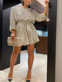 Women‘s Party Dress Wedding Guest Dress Homecoming Dress Sequin Dress Shift Dress Mini Dress Black White Champagne 3/4 Length Sleeve Pure Color Lace Up Fall Spring Autumn Crew Neck -Party Prom Dresses Sales Store amtbxs1638871835948