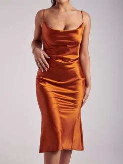 Women's Party Dress Cocktail Dress Wedding Guest Dress Midi Dress Brown Green Light Blue Sleeveless Pure Color Ruched Summer Spring Spaghetti Strap Fashion Wedding Guest Vacation Summer Dress 2023 S -Party Prom Dresses Sales Store amtyub1689822434761