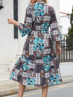 Women's Work Dress A Line Dress Fashion Midi Dress Patchwork Button Stand Collar 3/4 Length Sleeve Leaf Floral Regular Fit Blue Fall S M L XL XXL 13 Women's Work Dress A Line Dress Fashion Midi Dress Patchwork Button Stand Collar 3/4 Length Sleeve Leaf Floral Regular Fit Blue Fall S M L XL XXL -Party Prom Dresses Sales Store amwltq1693300581102